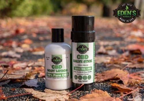 Eden's Herbals CBD Lotion and Salve in the fall leaves